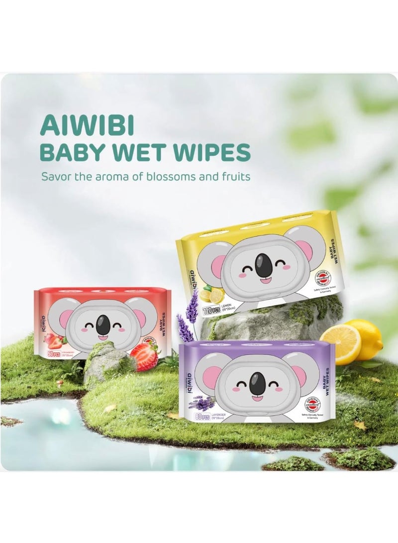 aiwibi 100% Skin-friendly Baby Wet Wipes 80 Sheets- Pack of 3 (240 Pcs)-Lavender - Image 2